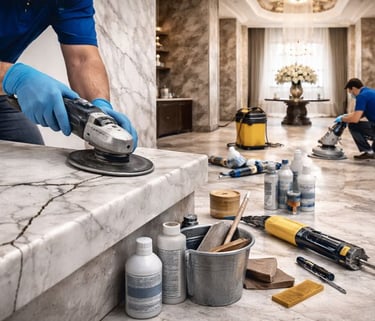 خدمات صيانة شاملة تشمل معالجة التشققات، إصلاح الكسور، تجديد الرخام القديم، وإعادة تأهيل الأرضيات للح